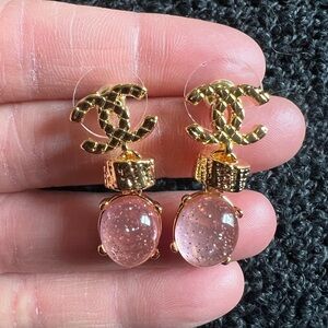 CHANEL Gold and Pink Logo Earrings